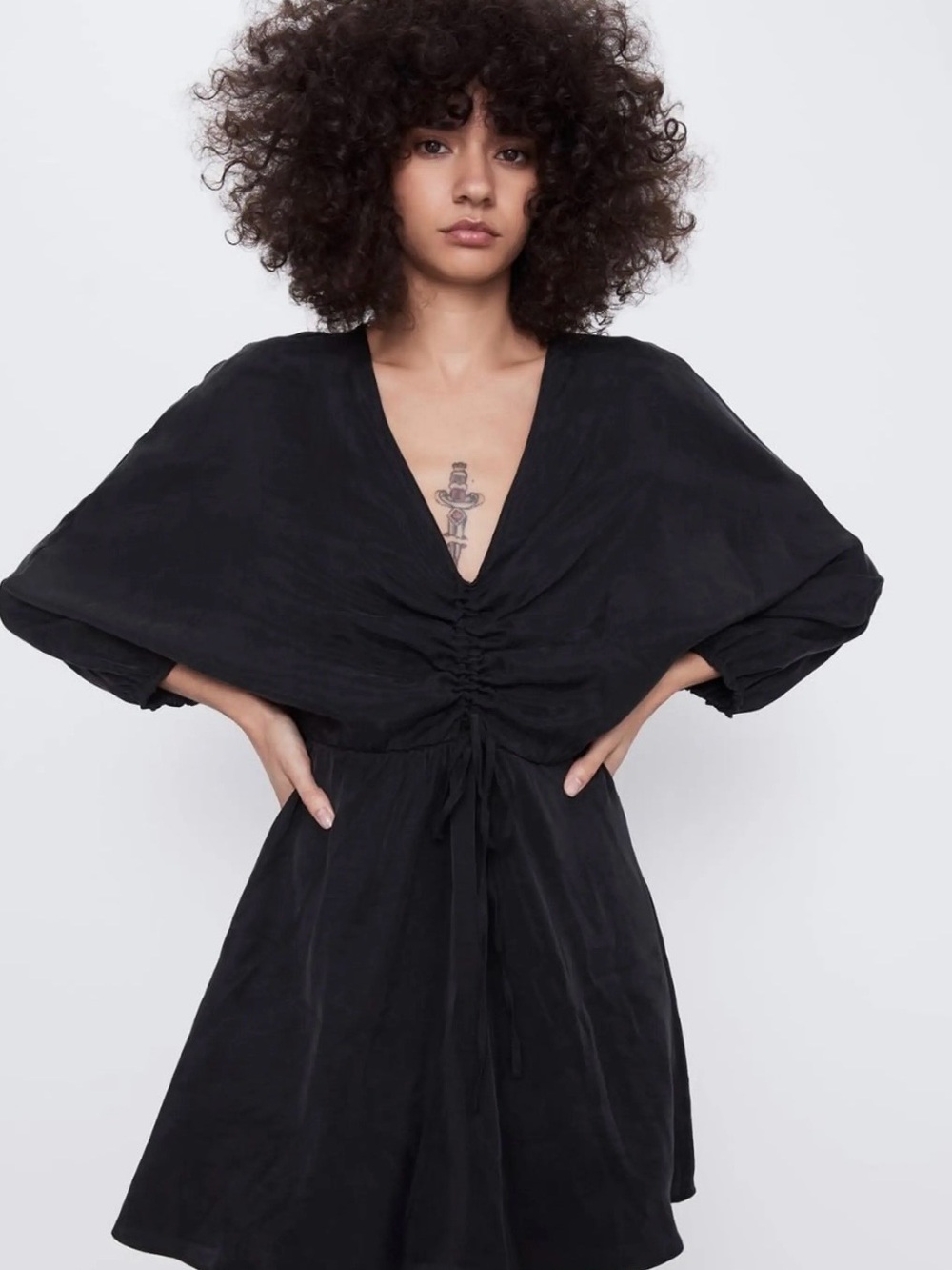 Zara Black V-Neck Ruched Waist Mini Dress
